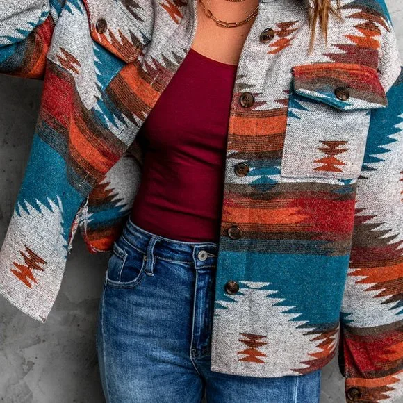 SOLD Flannel Distressed Aztec Shirt Jacket/Shacket Large - Picture 16 of 16